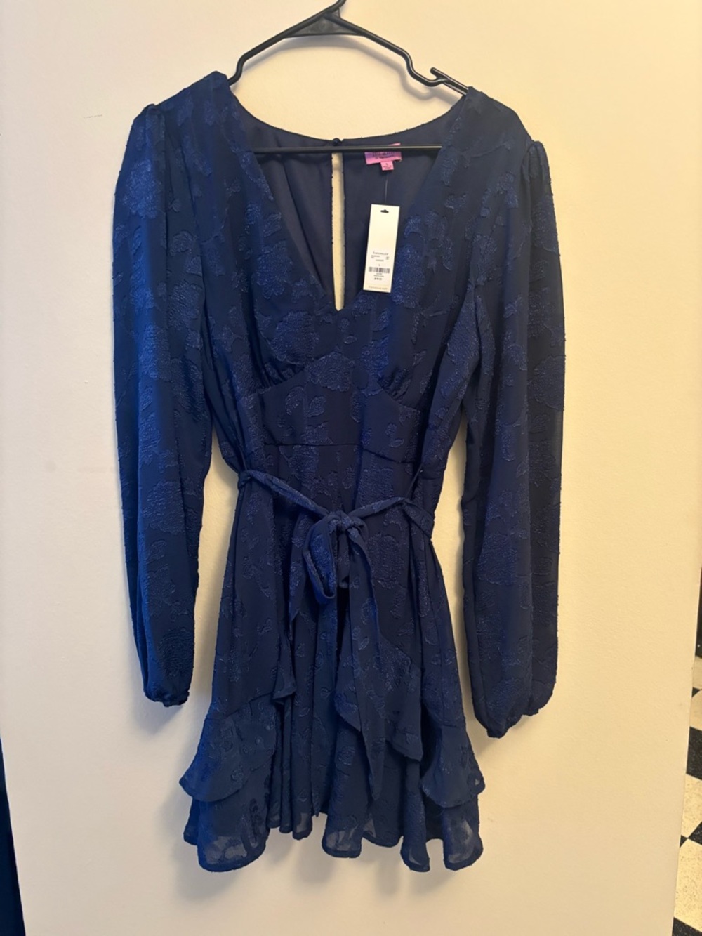 Francesca's Navy Floral Jacquard Wrap Dress with Tie Waist